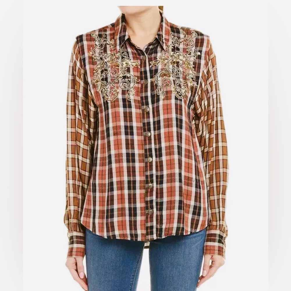 Free People Copper Snow Mountain Western Plaid Embroidered Blouse